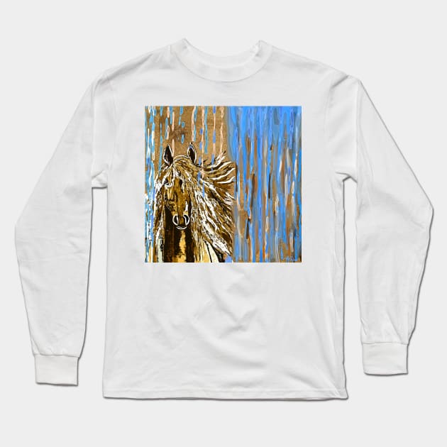 Horse:  Horse Running Wild Blue and Brown Long Sleeve T-Shirt by Overthetopsm